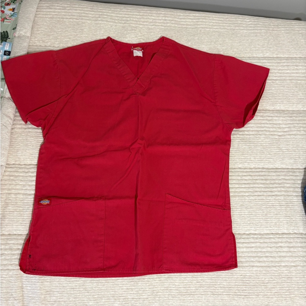 Dickies Bright Red Scrub Top with Logo Patch